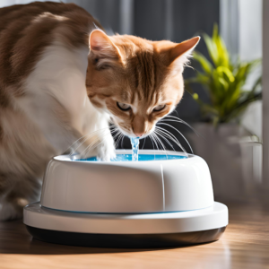 a cat drinking water in cat fountain