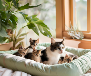 a mother cat groom her kittens