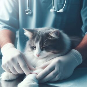 Vet examining a cat—risks of spaying a cat while in heat explained.