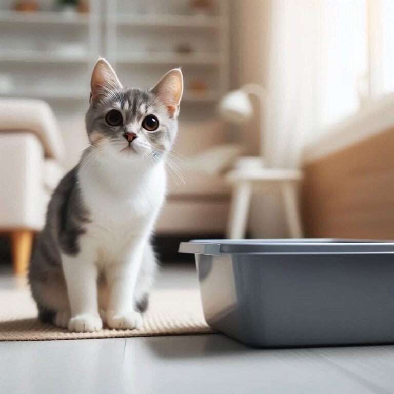 A confused cat sitting next to a clean litter box in a bright indoor room. The cat looks curious, highlighting the issue: why is my cat peeing outside the litter box.